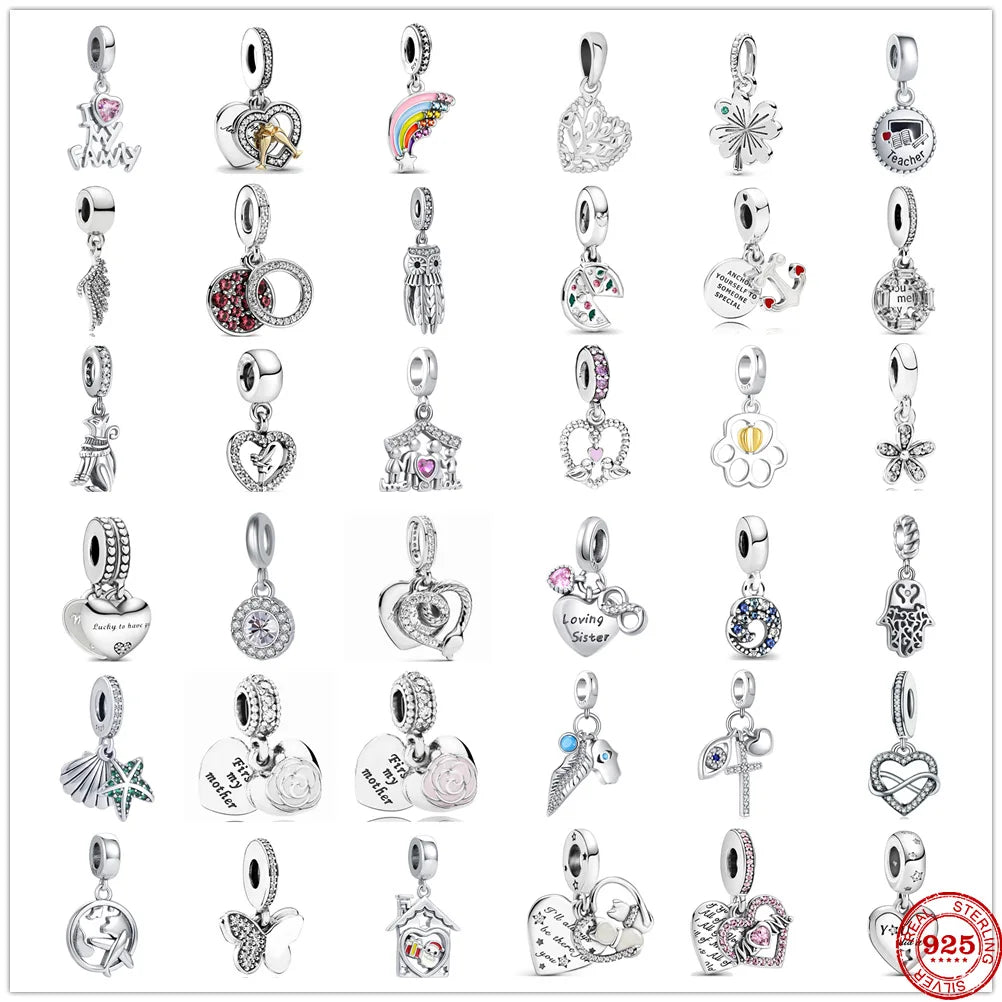 CHARM STERLING SILVER 925 PEDENTI GUFO PORTAFORTUNA CUORE FAMILY ARCOBALENO