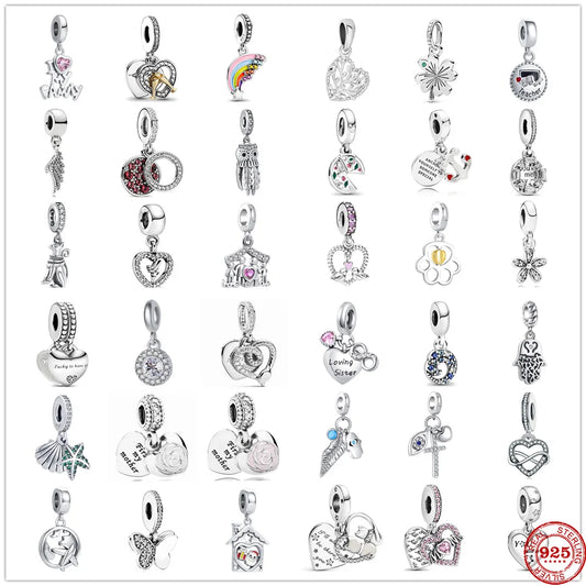 CHARM STERLING SILVER 925 PEDENTI GUFO PORTAFORTUNA CUORE FAMILY ARCOBALENO