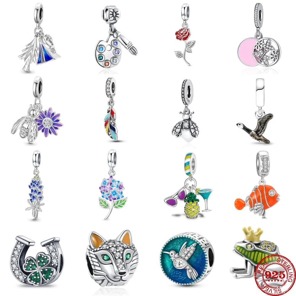 CHARM STERLING SILVER 925 PENDENTI FIORI ANIMALI PORTAFORTUNA