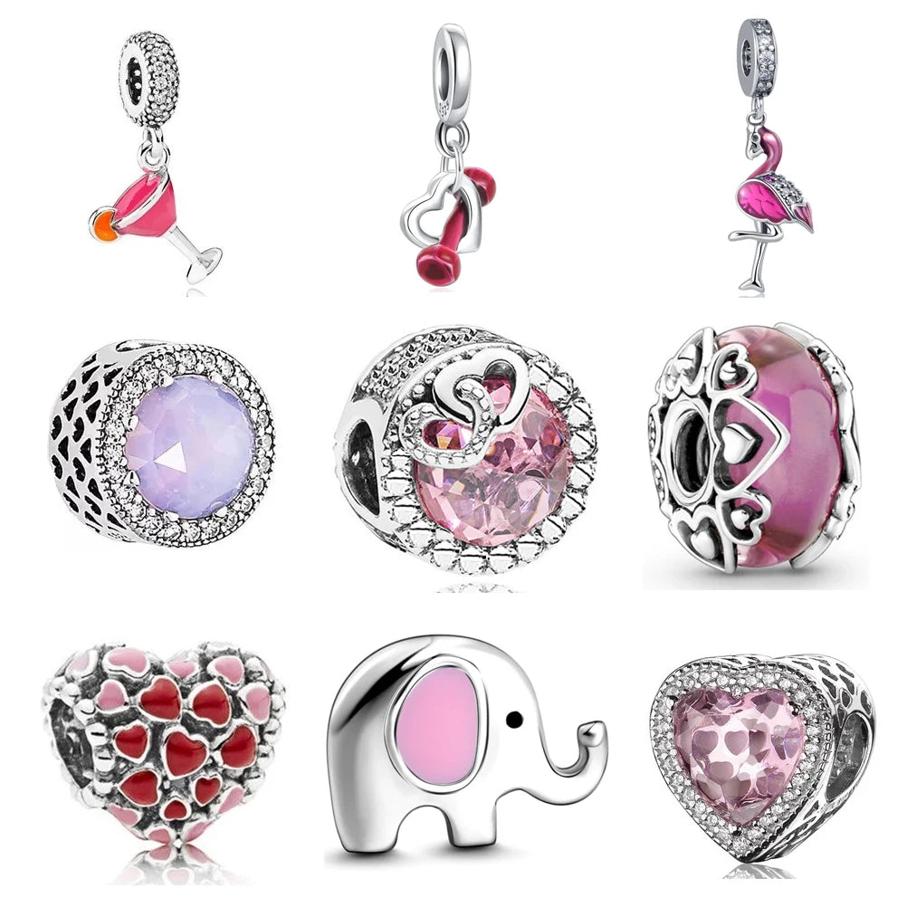 CHARM STERLING SILVE 925 CUORI ROSA MURANO SWAROSKY ANIMALI PENDENTI