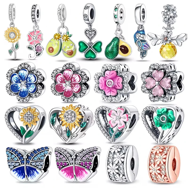 CHARM STERLING SILVER 925 FIORI QUADRIFOGLIO ANIMALI CUORI LINEA COLOR