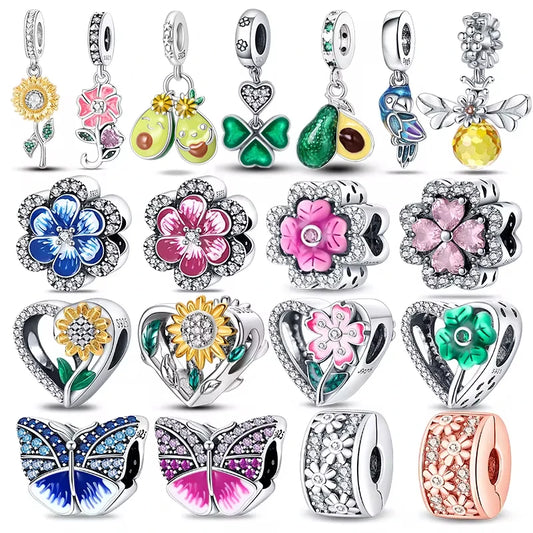 CHARM STERLING SILVER 925 FIORI QUADRIFOGLIO ANIMALI CUORI LINEA COLOR
