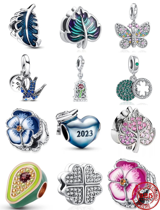 CHARM STERLING SILVER 925 FOGLIA FIORI FARFALLE PENDENTE