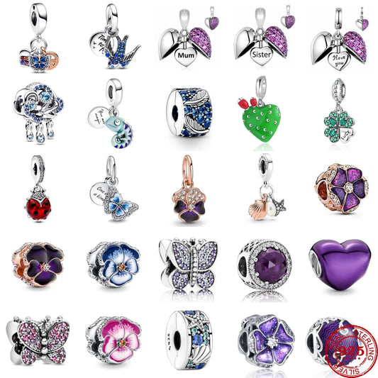 CHARM STERLING SILVER 925 CUORI FAMILY BLU FRUTTA CATENE PORTAFORTUNA CLIP ANIMALI MURANO MARE